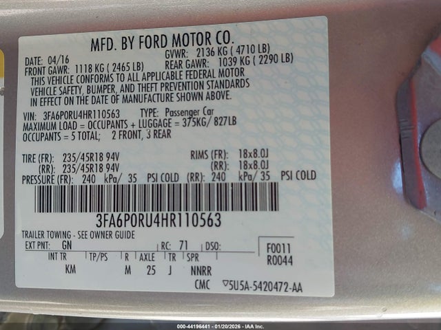 3FA6P0RU4HR110563 Ford Fusion Hybrid Titanium
