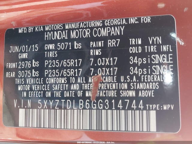 5XYZTDLB6GG314744 Hyundai Santa Fe Sport 2.4l