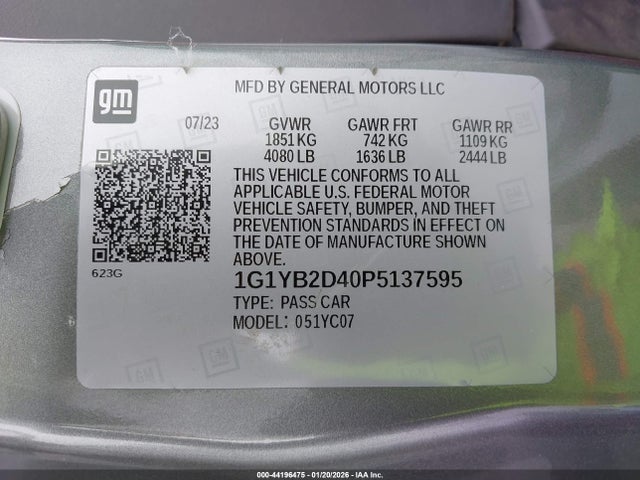 1G1YB2D40P5137595 Chevrolet Corvette Stingray Rwd 2lt