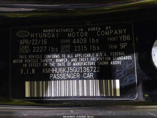 44196478 :رقم المزاد ، KMHHU6KJ5GU136722 vin ، 2016 Hyundai Genesis 3.8 Ultimate مزاد بيع
