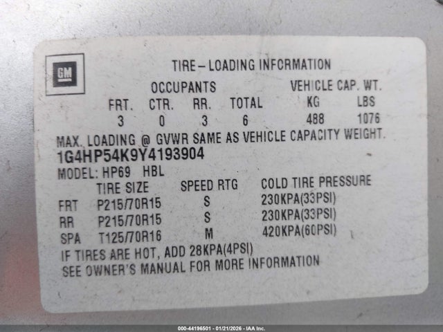 44196501 :رقم المزاد ، 1G4HP54K9Y4193904 vin ، 2000 Buick Lesabre Custom مزاد بيع