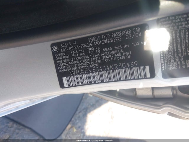 Aukcja sprzedaży 2004 Bmw 325i, vin: WBAEV33434KR30439, numer aukcji: 44196578