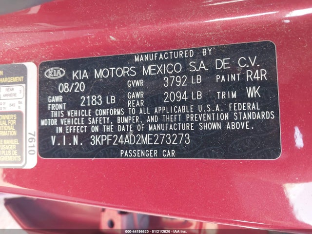 3KPF24AD2ME273273 KIA Forte Lxs