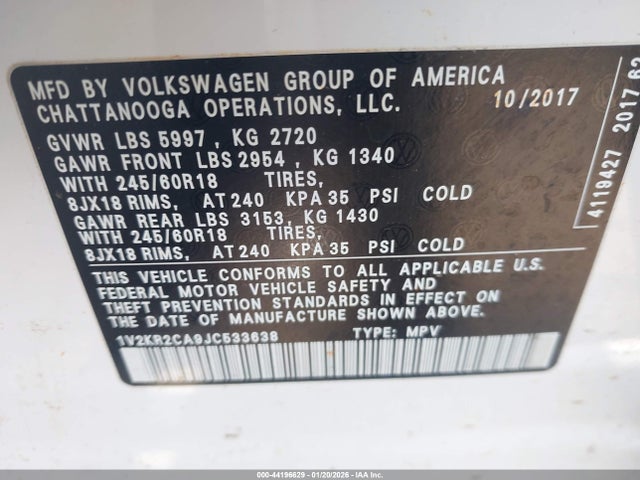 Продаж на аукціоні авто 2018 Volkswagen Atlas 3.6l V6 Se, vin: 1V2KR2CA9JC533638, номер лоту: 44196629