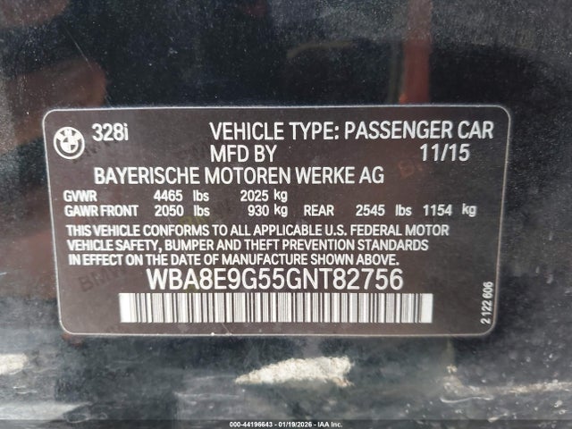 Aukcja sprzedaży 2016 Bmw 328i, vin: WBA8E9G55GNT82756, numer aukcji: 44196643