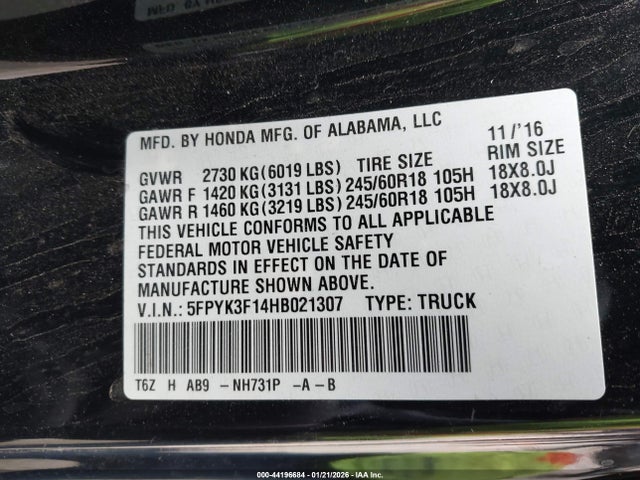 Honda Ridgeline Sport 2017 5FPYK3F14HB021307 Image 9