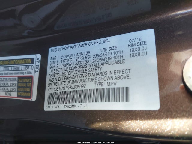 Aukcja sprzedaży 2019 Acura Rdx Advance Package, vin: 5J8TC1H72KL005392, numer aukcji: 44196687