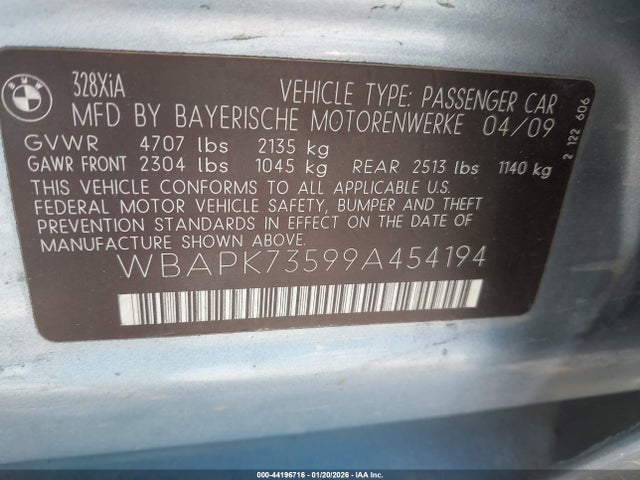 44196716 :رقم المزاد ، WBAPK73599A454194 vin ، 2009 Bmw 328i Xdrive مزاد بيع