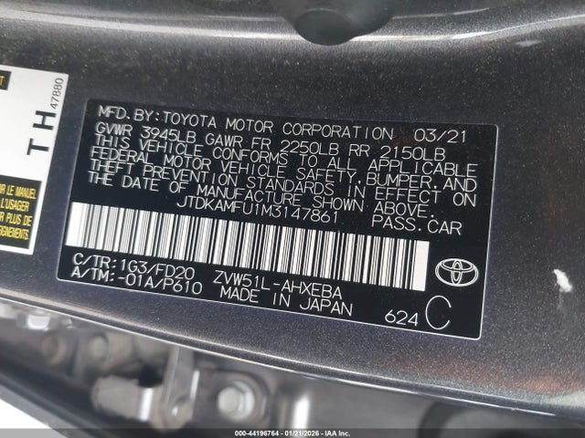 JTDKAMFU1M3147861 Toyota Prius Le