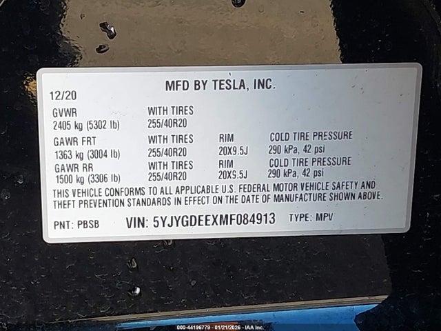 Продаж на аукціоні авто 2021 Tesla Model Y Long Range Dual Motor All-wheel Drive, vin: 5YJYGDEEXMF084913, номер лоту: 44196779