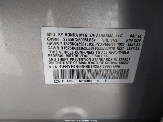 Honda Pilot Ex-l 2015 5FNYF4H64FB019288 Image 9