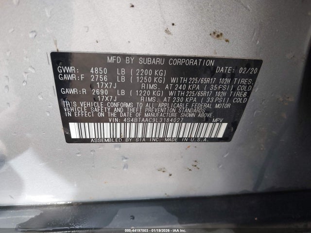 Продажа на аукционе авто 2020 Subaru Outback, vin: 4S4BTAAC9L3184027, номер лота: 44197003