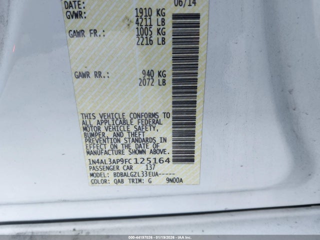 1N4AL3AP9FC125164 Nissan Altima 2.5/2.5 S/2.5 Sl/2.5 Sv