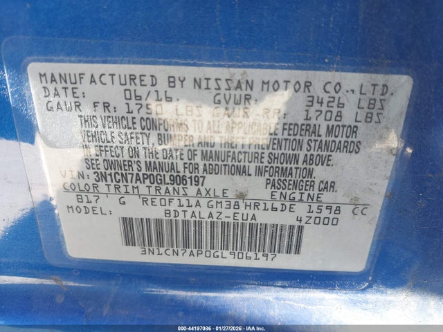 3N1CN7AP0GL906197 Nissan Versa 1.6 S+