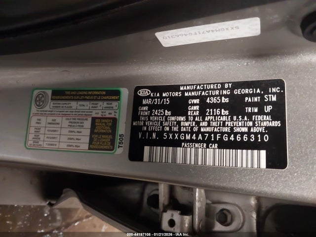 44197108 :رقم المزاد ، 5XXGM4A71FG466310 vin ، 2015 Kia Optima Lx مزاد بيع