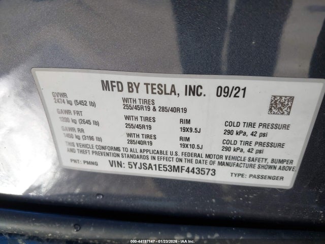 Продаж на аукціоні авто 2021 Tesla Model S, vin: 5YJSA1E53MF443573, номер лоту: 44197147