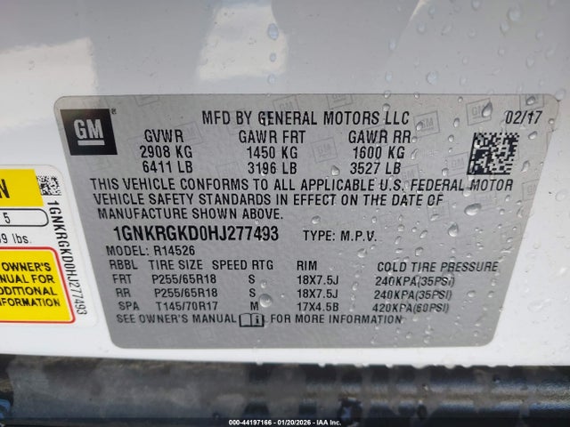 1GNKRGKD0HJ277493 Chevrolet Traverse 1lt