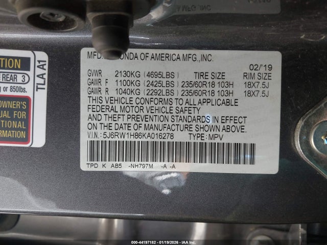 5J6RW1H86KA016278 Honda Cr-v Ex-l