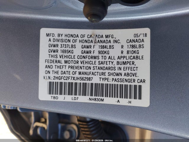 Honda CIVIC EX 2018 2HGFC2F7XJH562987 Image 9
