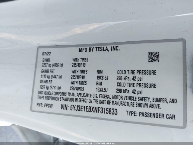 2022 TESLA MODEL 3 5YJ3E1EBXNF315833 Photo 8