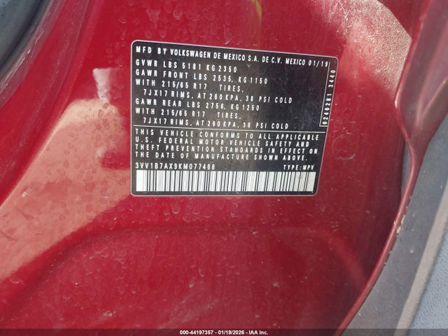 3VV1B7AX9KM077468 Volkswagen Tiguan 2.0t S
