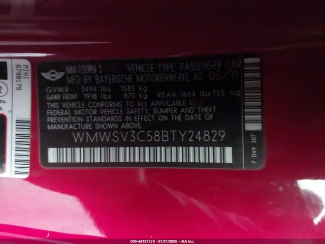 2011 MINI COOPER S WMWSV3C58BTY24829 Photo 8