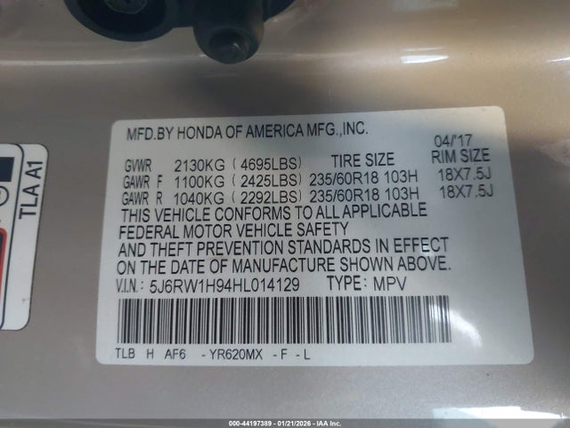5J6RW1H94HL014129 Honda Cr-v Touring