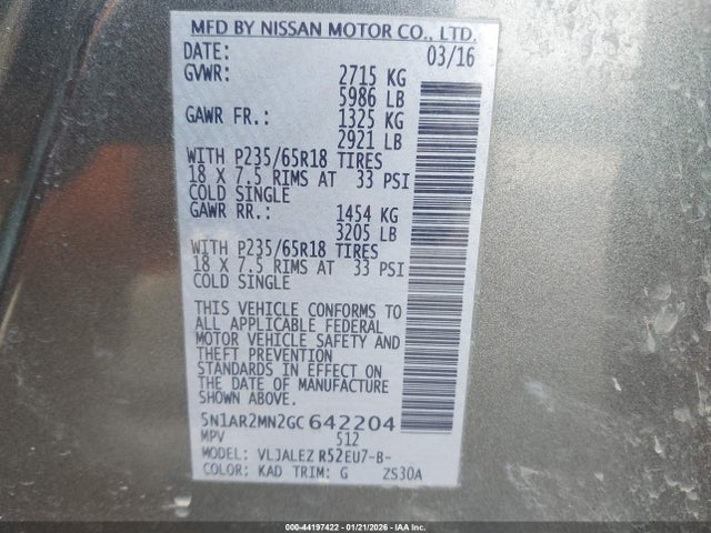 5N1AR2MN2GC642204 Nissan Pathfinder Sv