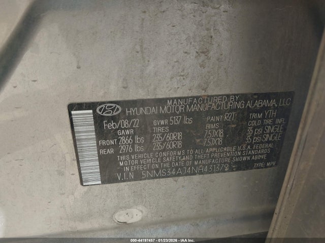 5NMS34AJ4NH431379 Hyundai Santa Fe Sel