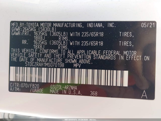 Toyota Highlander L 2021 5TDCZRAH1MS070198 Image 9