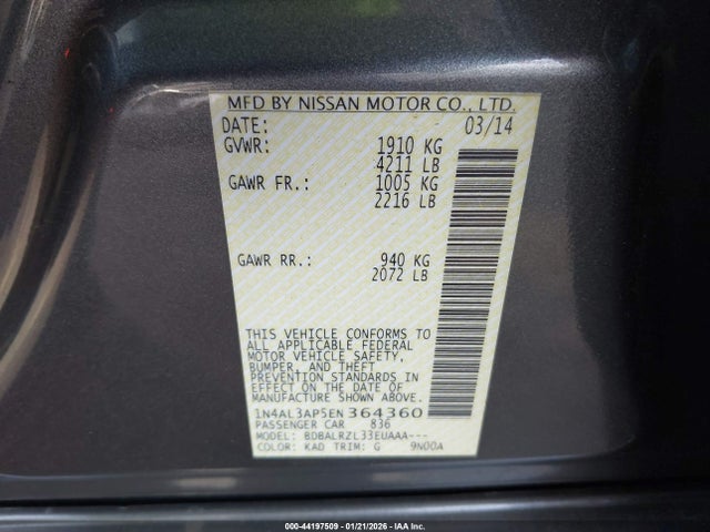 1N4AL3AP5EN364360 Nissan Altima 2.5 S