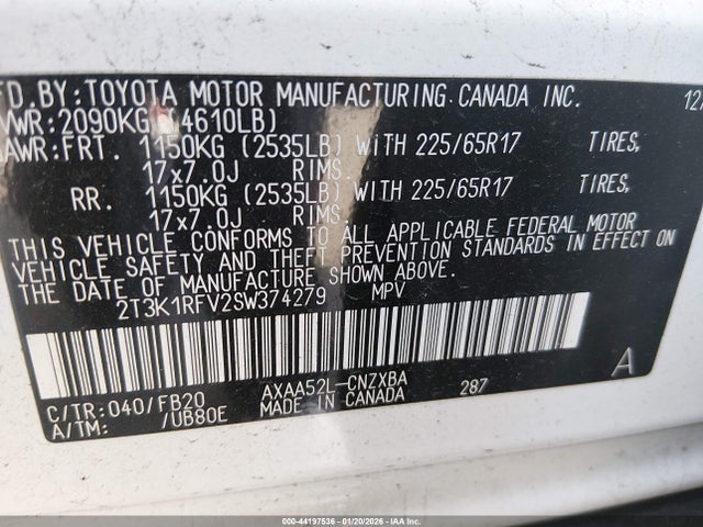 2T3K1RFV2SW374279 Toyota RAV4 LE