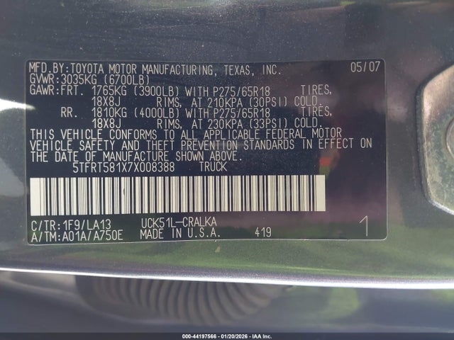 Продажа на аукционе авто 2007 Toyota Tundra Limited 4.7l V8, vin: 5TFRT581X7X008388, номер лота: 44197566