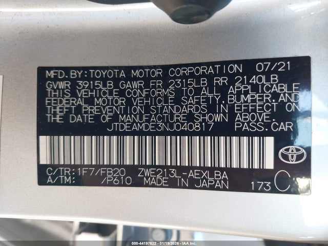 JTDEAMDE3NJ040817 Toyota Corolla Hybrid Le