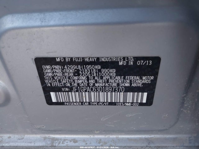 2013 Subaru Impreza 2.0i Premium მანქანა იყიდება აუქციონზე, vin: JF1GPAC63D1897370, აუქციონის ნომერი: 44197637