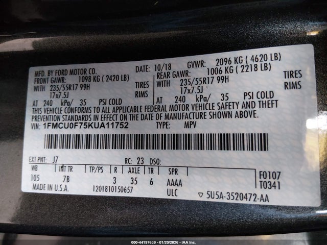 1FMCU0F75KUA11752 Ford ESCAPE S