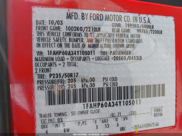 2004 FORD THUNDERBIRD 1FAHP60A34Y105011 Photo 8