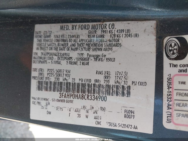 2012 FORD FUSION 3FAHP0HA8CR334900 Photo 8