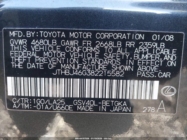 2008 Lexus Es 350 მანქანა იყიდება აუქციონზე, vin: JTHBJ46G382215582, აუქციონის ნომერი: 44197936