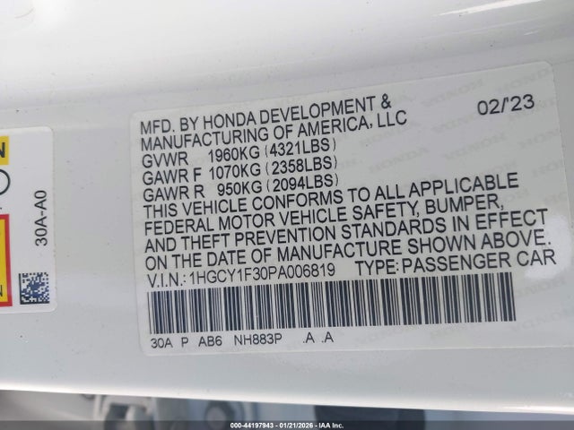 Aukcja sprzedaży 2023 Honda Accord Ex, vin: 1HGCY1F30PA006819, numer aukcji: 44197943