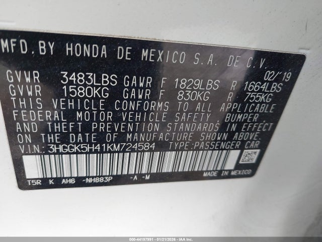 44197991 :رقم المزاد ، 3HGGK5H41KM724584 vin ، 2019 Honda Fit Lx مزاد بيع