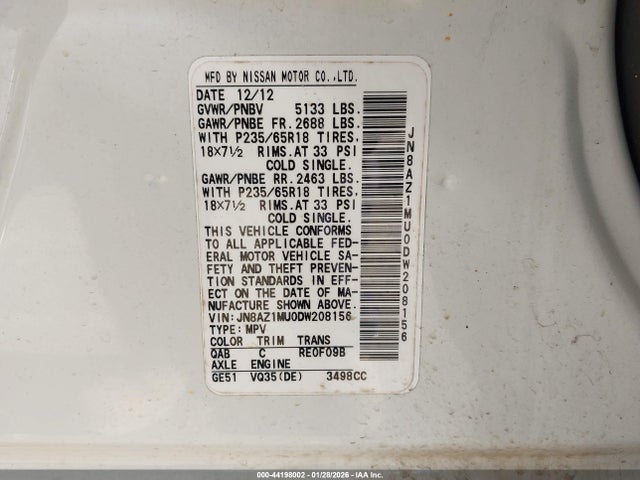 44198002 :رقم المزاد ، JN8AZ1MW1CW213348 vin ، 2012 Nissan Murano Sl مزاد بيع
