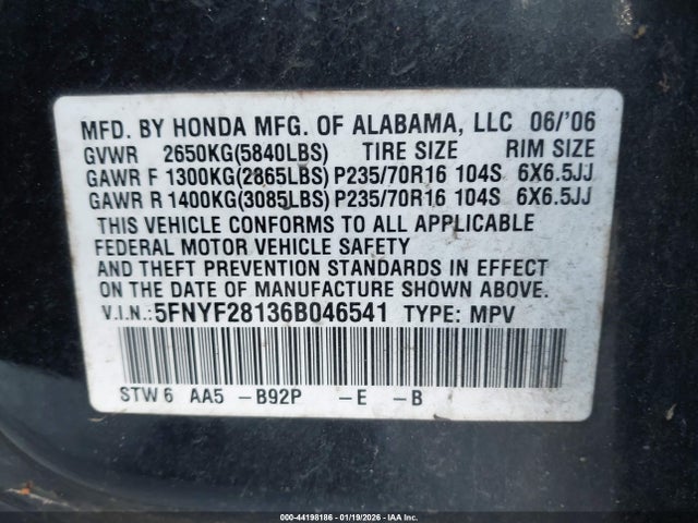 2006 HONDA PILOT 5FNYF28136B046541 Photo 8