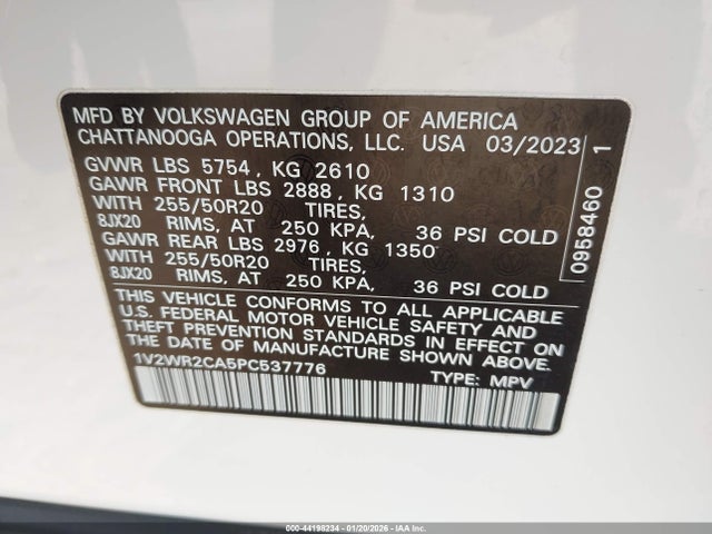 44198234 :رقم المزاد ، 1V2WR2CA5PC537776 vin ، 2023 Volkswagen Atlas 3.6l V6 Se W/technology مزاد بيع