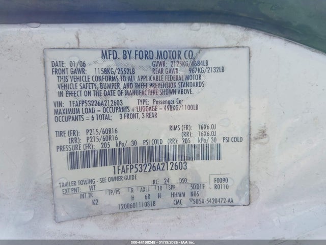 2006 FORD TAURUS 1FAFP53226A212603 Photo 8
