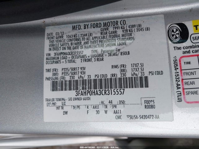 Aukcja sprzedaży 2012 Ford Fusion Se, vin: 3FAHP0HA3CR315557, numer aukcji: 44198368