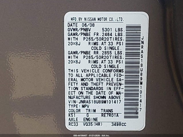 Продажа на аукционе авто 2009 Infiniti Fx35, vin: JNRAS18U89M101417, номер лота: 44198407