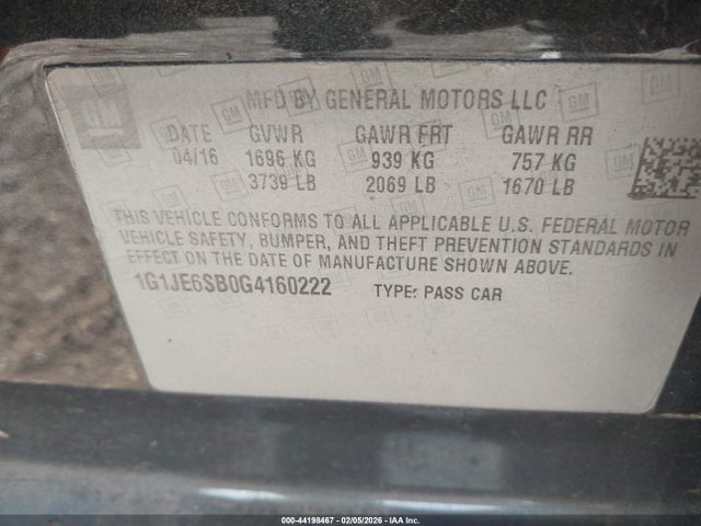 1G1JE6SB0G4160222 Chevrolet Sonic Ltz Auto