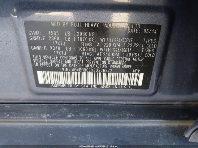 Продаж на аукціоні авто 2014 Subaru Outback 2.5i Premium, vin: 4S4BRBCCXE3326972, номер лоту: 44198485