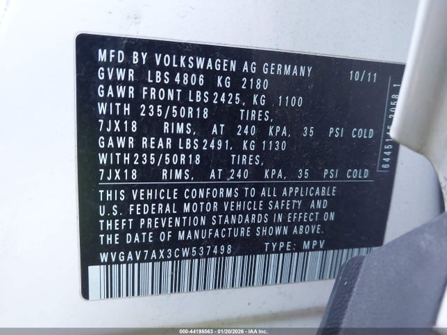 2012 VOLKSWAGEN TIGUAN WVGAV7AX3CW537498 Photo 8